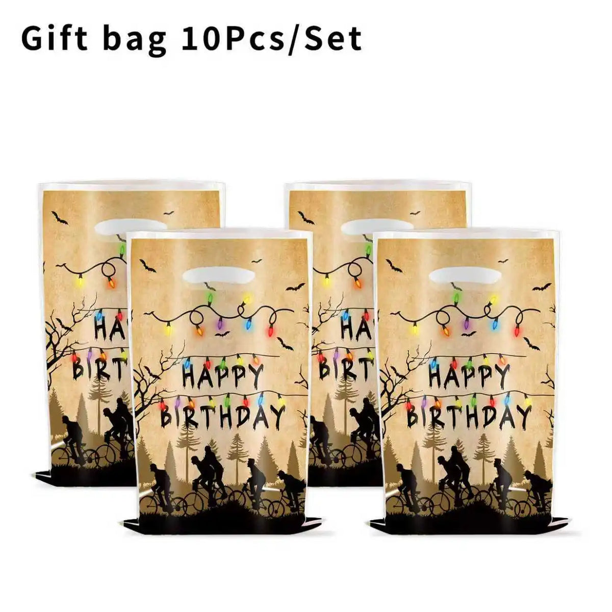 décoration fête anniversaire silhouettes cyclistes arbre guirlande lumineuse happy birthday friends don't lie nappe
