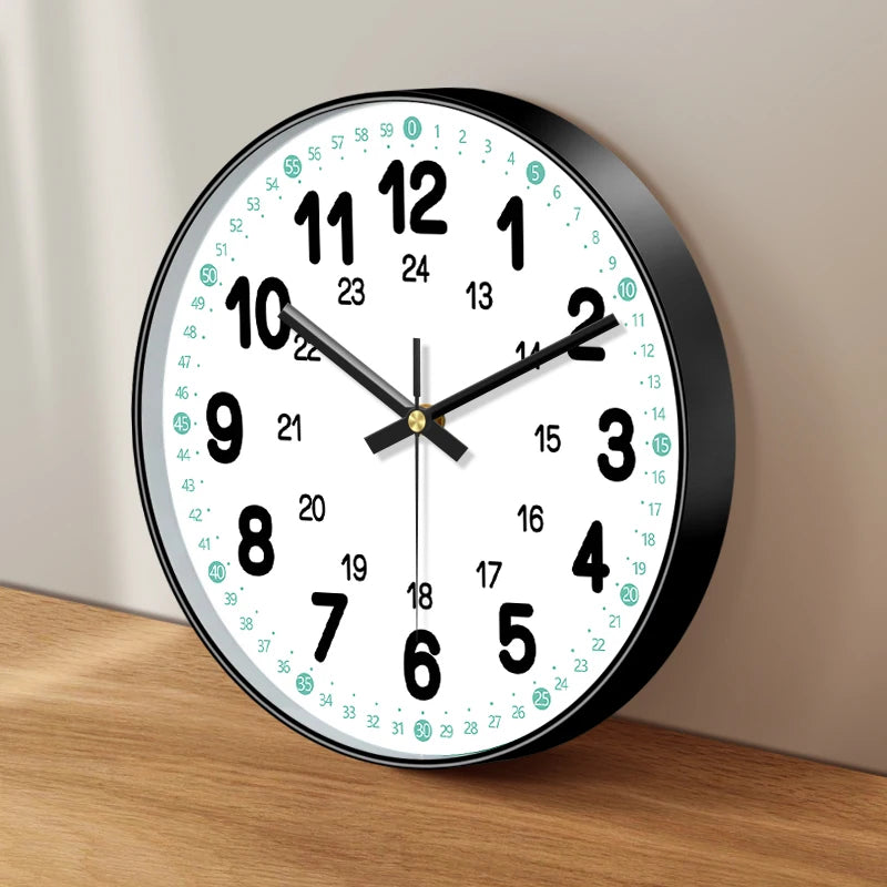 horloge murale ronde aiguille quartz cadran blanc chiffres noirs cadre noir moderne classique