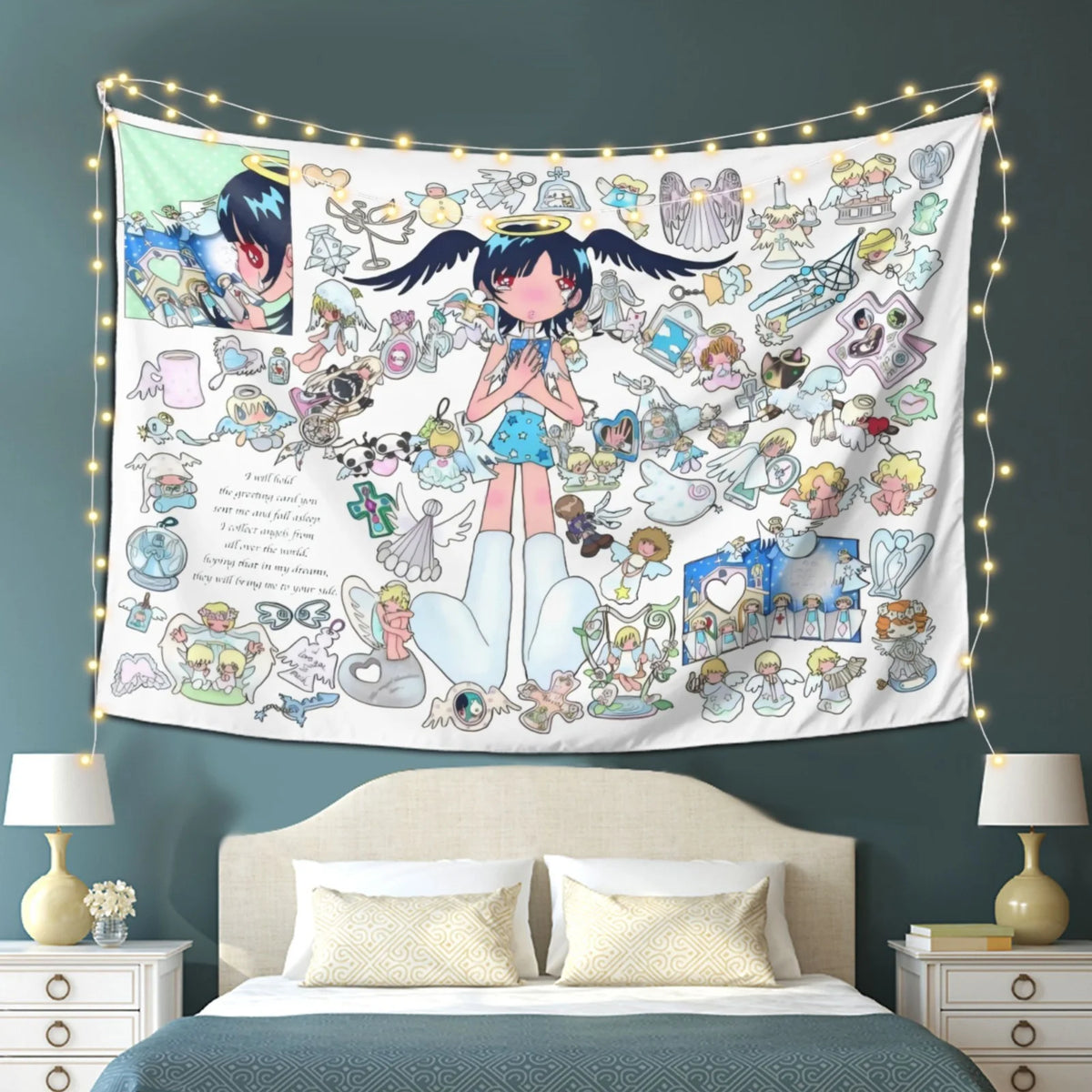 tapisserie murale anime illustration fille ailes salon chambre blanc rose bleu vert