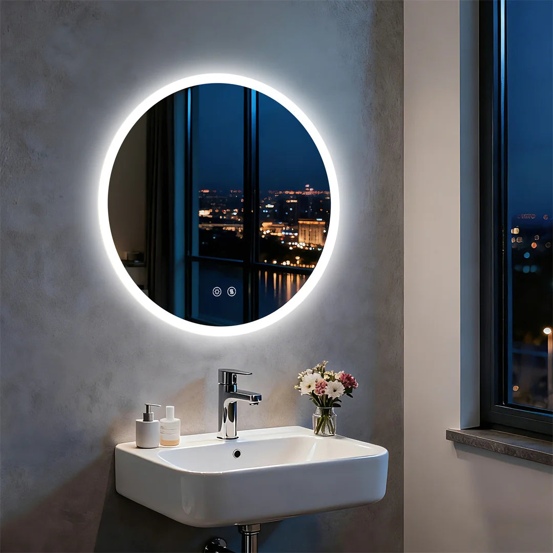 miroir rond lumineux moderne blanc fixation murale sans cadre éclairé antibuée