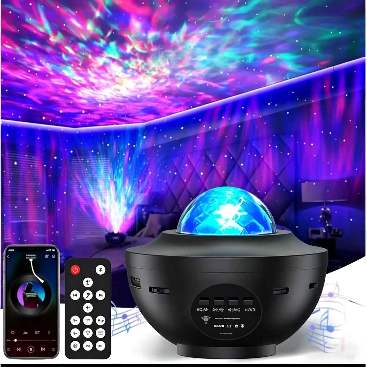 projecteur lumière étoile bluetooth télécommande couleurs dynamiques ambiance nocturne aurore boréale