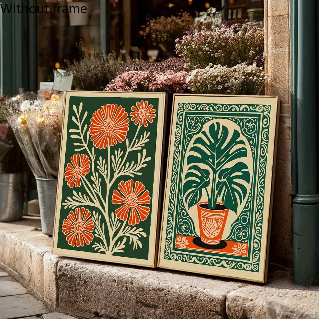 affiches modernes toile fleurs stylisées vert orange beige sans cadre
