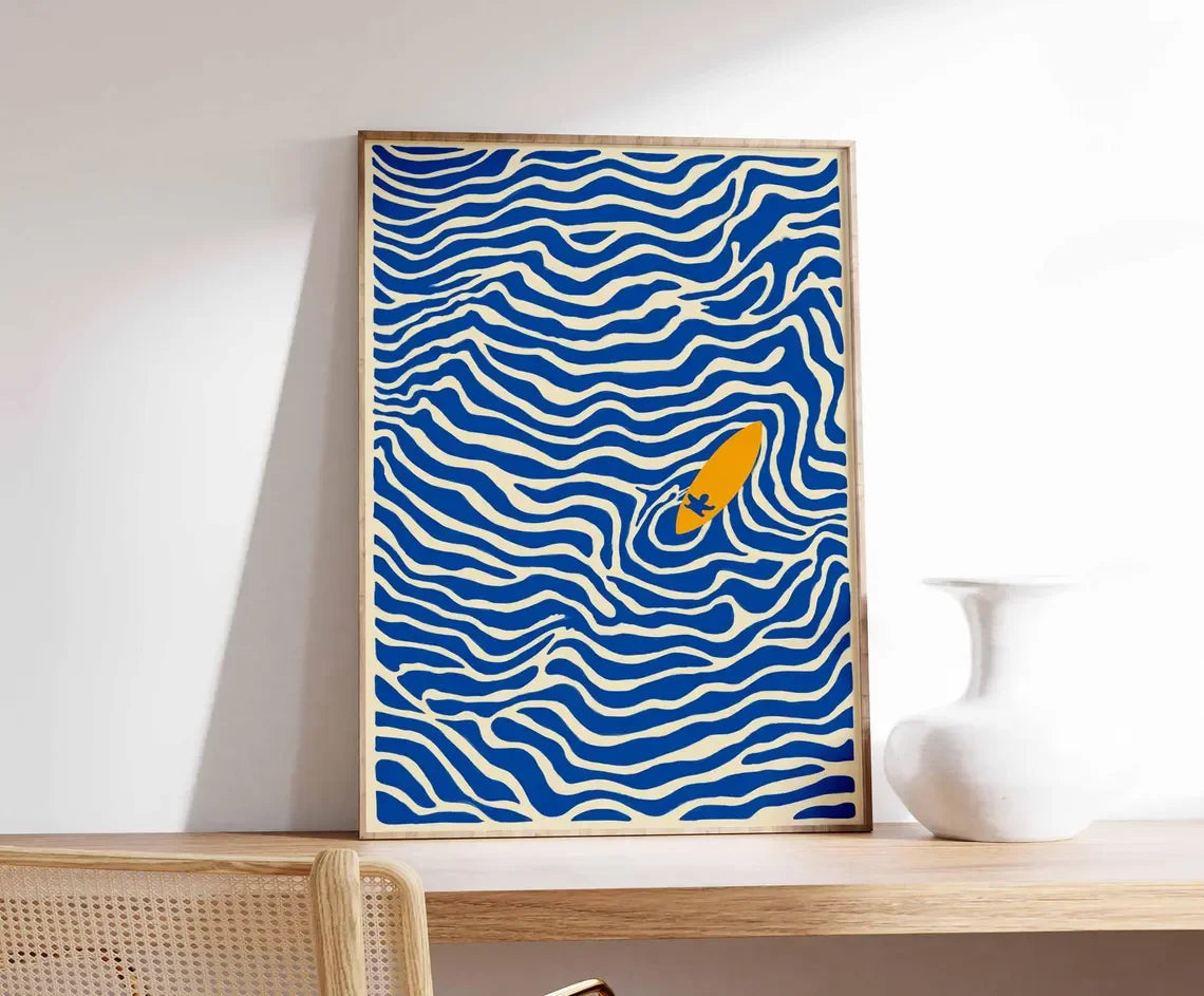 affiche moderne surfeur bleu blanc jaune vague ondulée rectangle vertical sans cadre