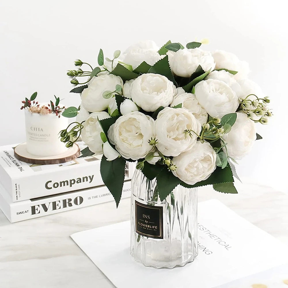 bouquet fleurs artificielles soie péonies modernes élégantes intérieur blanc rose vert
