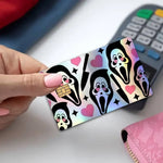 autocollants cartes bancaires effet laser pop art masques effrayants multicolores réutilisables
