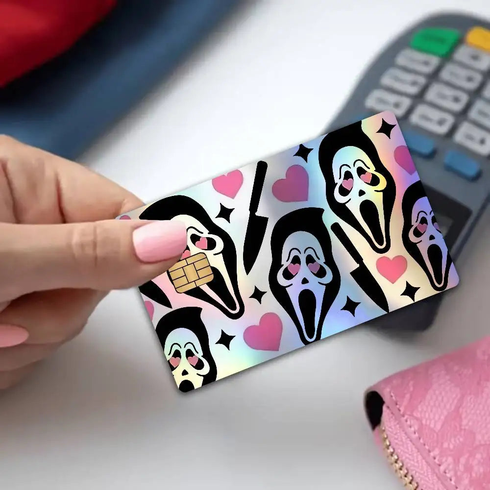 autocollants cartes bancaires effet laser pop art masques effrayants multicolores réutilisables