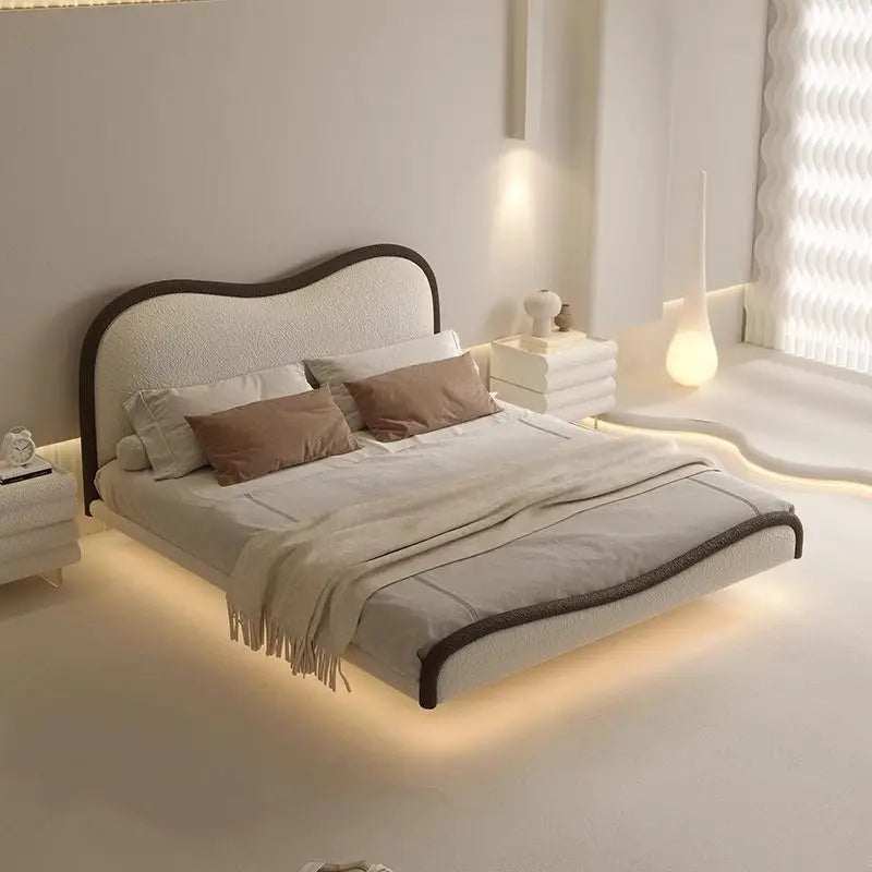 lit moderne bois blanc tissu doux franges oreillers coussins 150cm 180cm chambre minimaliste