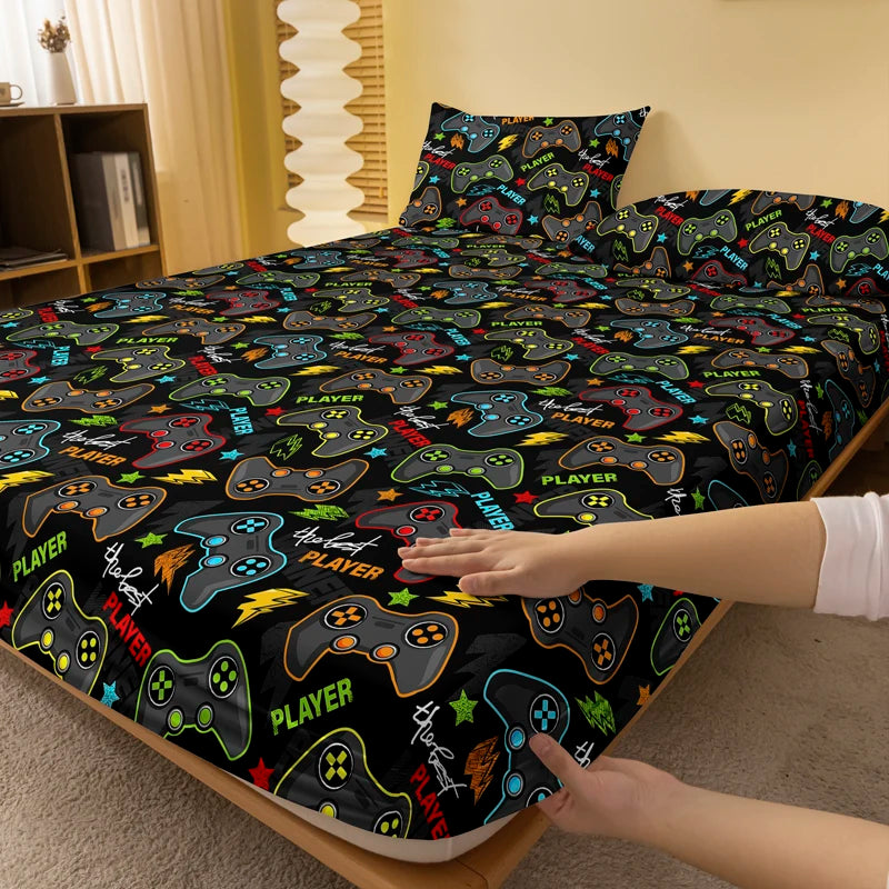 drap housse polyester motif dessin animé manettes joueur étoiles lightning moderne noir jaune bleu