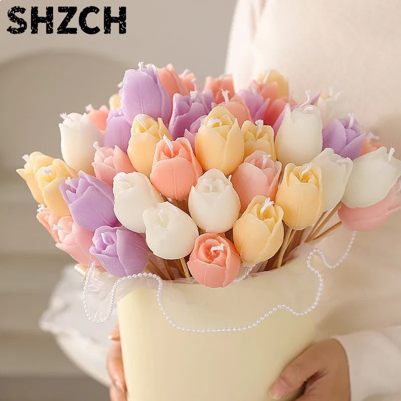 bougies parfumées tulipe rose bouquet blanc violet romantique décoration intérieure tringle rubans blancs
