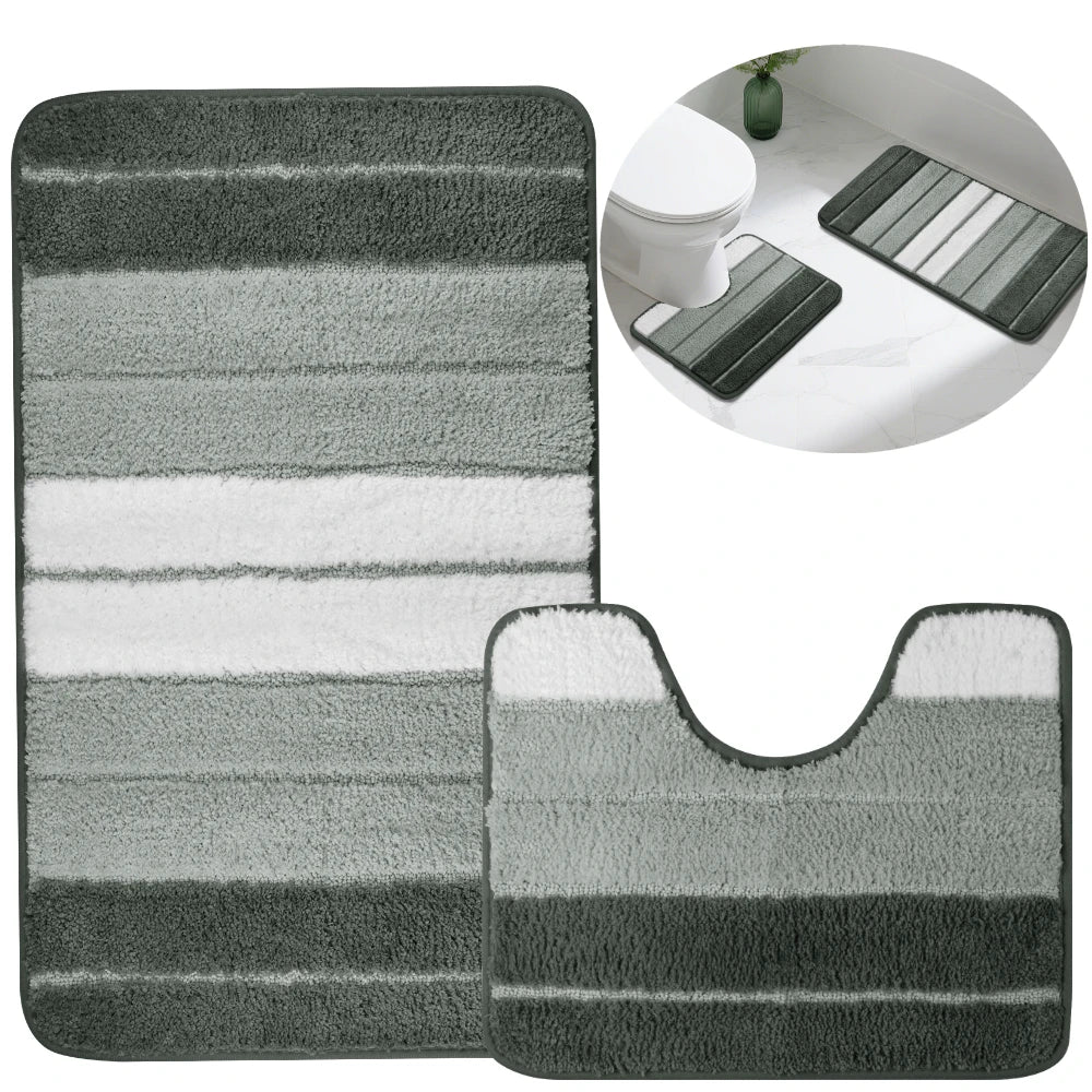 tapis bain ensemble deux pièces gris blanc noir rayé texture duveteuse moderne antidérapant respectueux