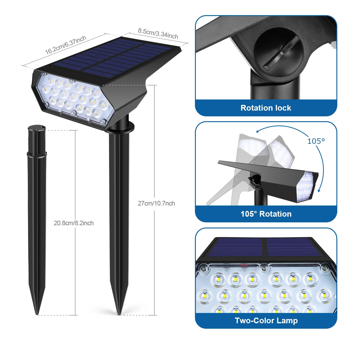 lampe solaire étanche moderne diffuseur translucide panneau solaire noir ip68 rotation 105 degrésextérieur
