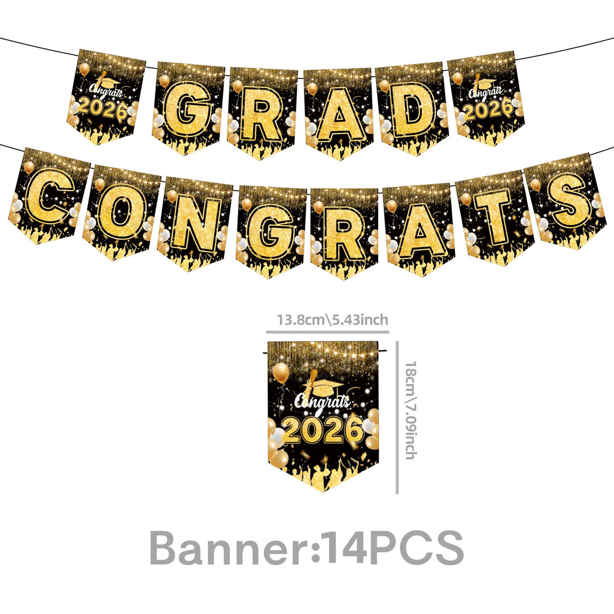 bannières graduation noir doré étoiles confettis caps moderne festives 2026 congratulations proud