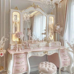 coiffeuse baroque miroir tiroirs éclairés rose poudré blanc crème doré