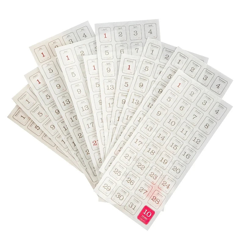 calendriers mensuels adhésifs blanc gris rouge numérotés mois spécifiques 205mm 85mm minimaliste fonctionnel