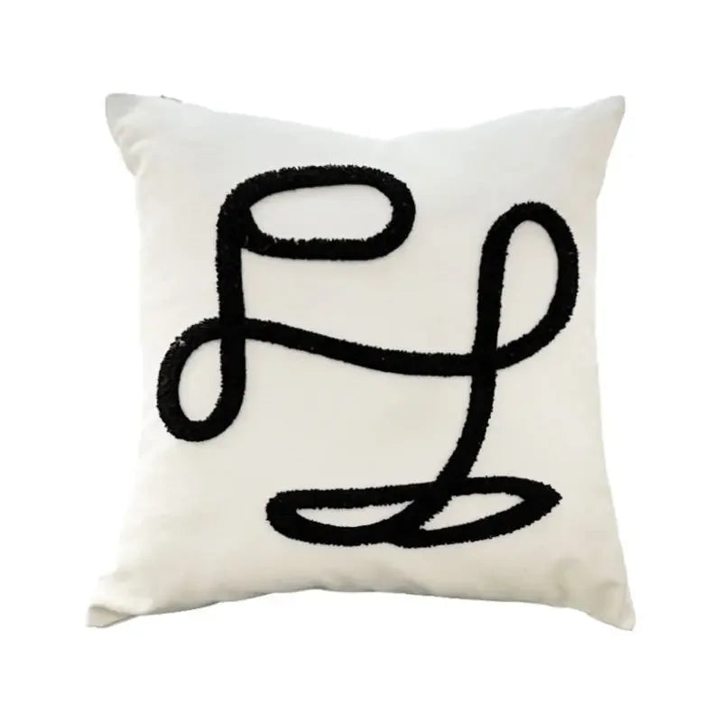 coussin moderne carré brodé motif géométrique noir blanc amovible lavable mousse mémoire forme 45x45cm