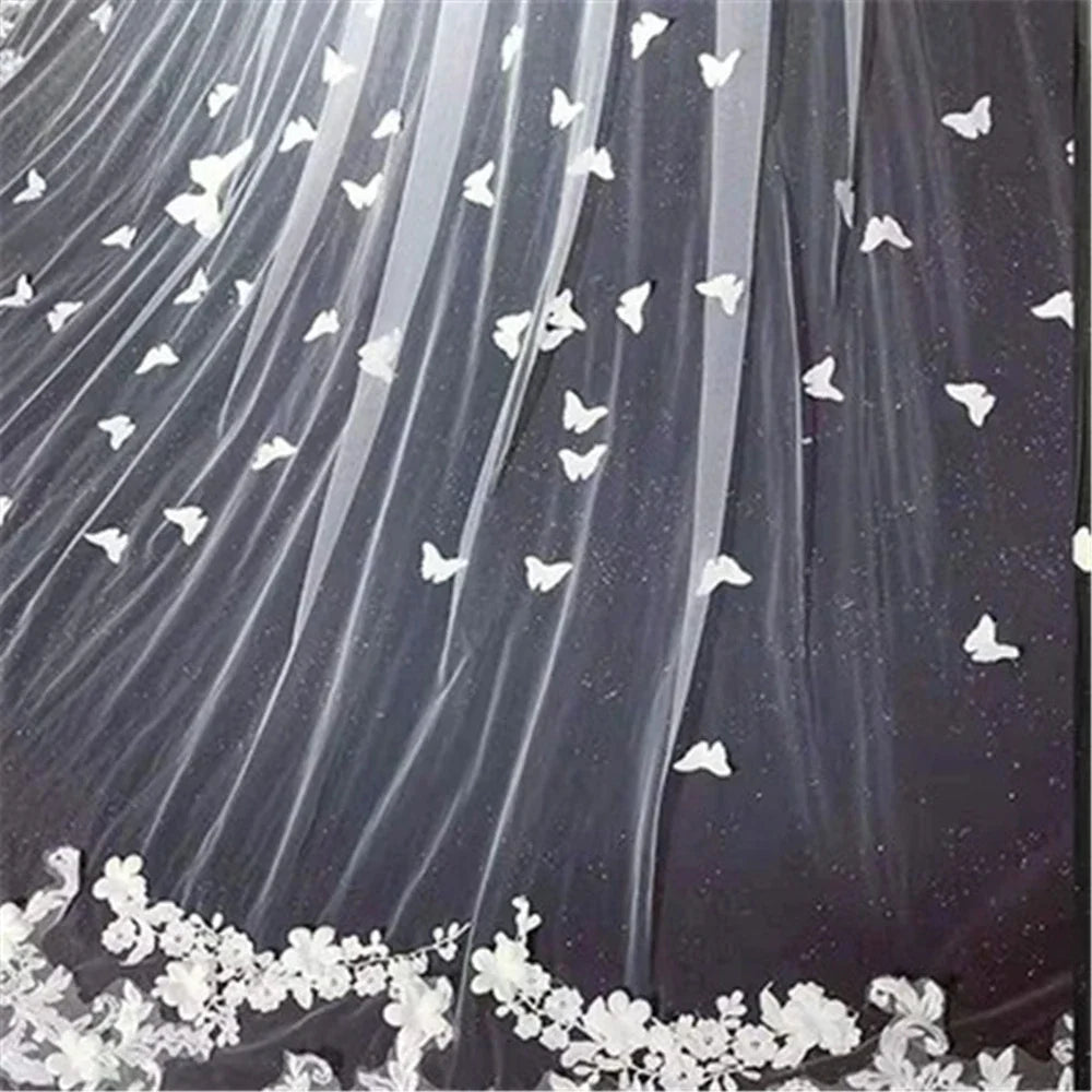 voile mariée blanc bord dentelle papillons blancs fleurs classique deux couches polyester invisible