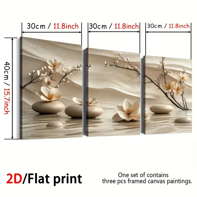 tableaux zen minimaliste fleurs blanches branches pierres eau sable cadre miroir toile impression chambre