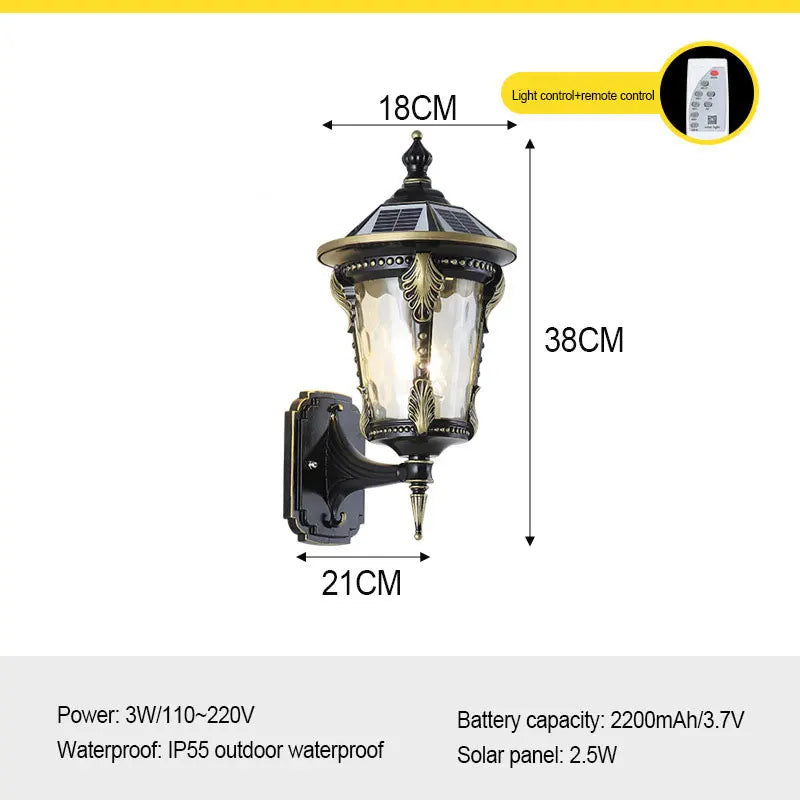 lampe solaire murale classique ornements dorés verre translucide noir ip55 led industrielle