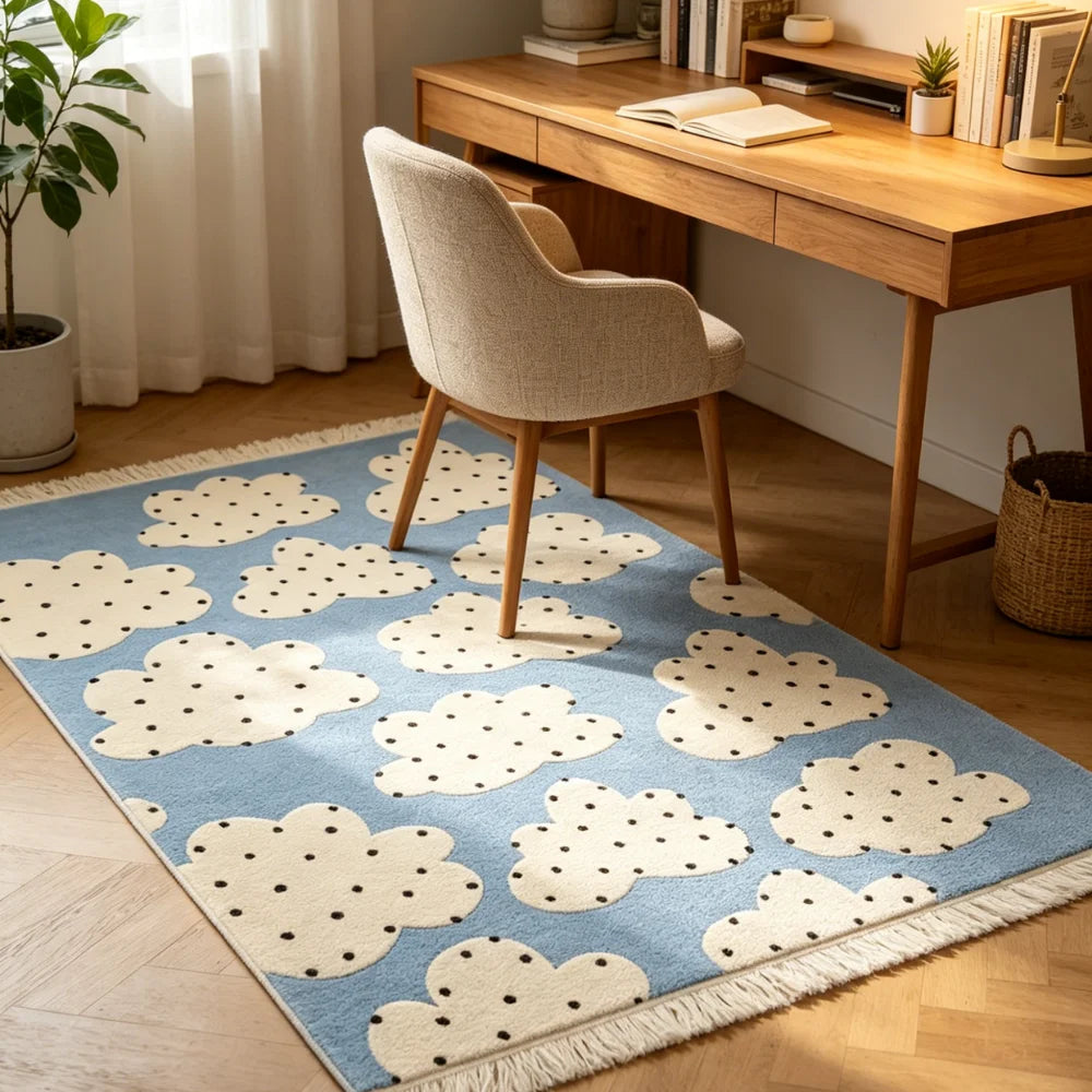 tapis moderne nuages blancs tissu doux bleu clair noir salon chambre bain extérieur