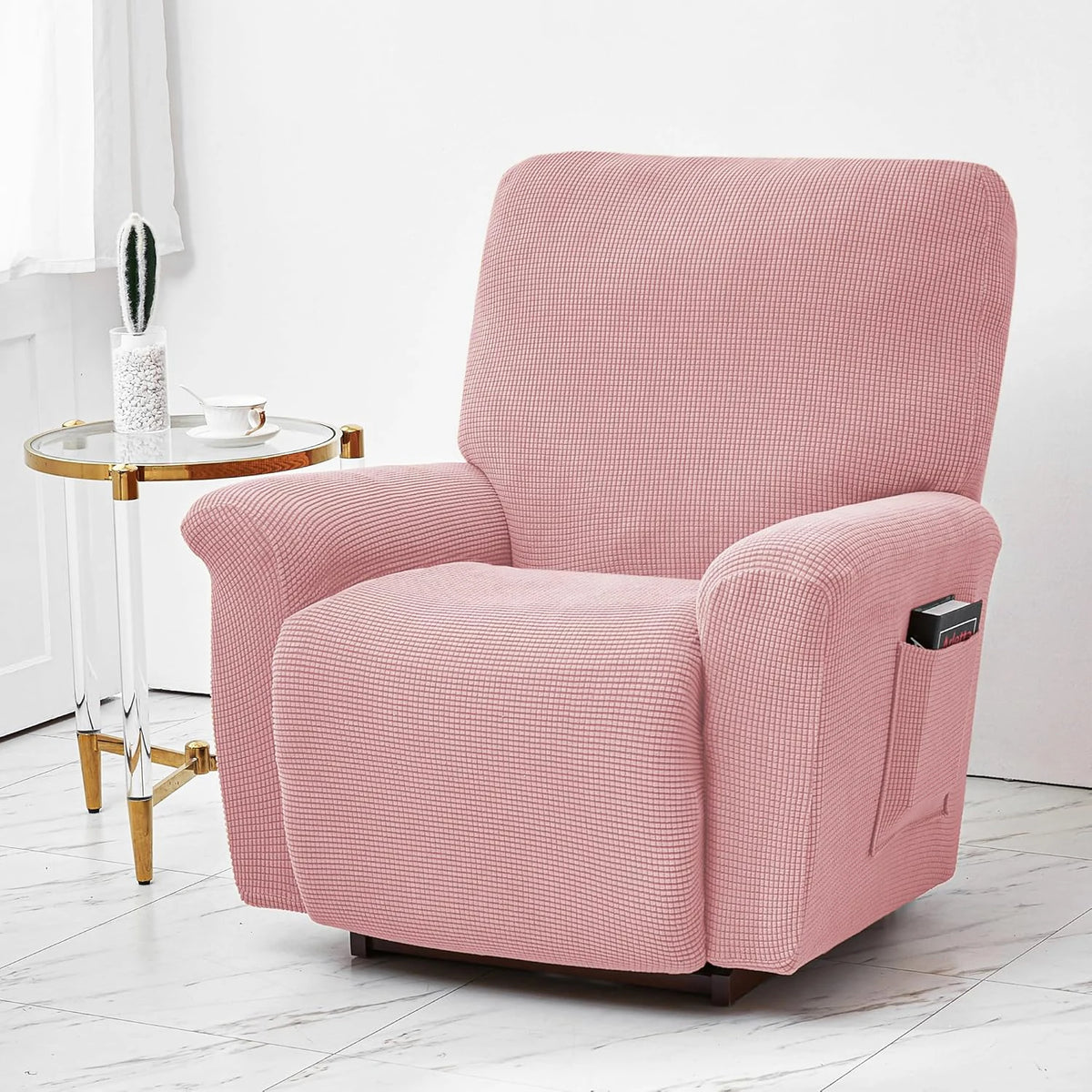 Housse fauteuil inclinable bleu noir gris jacinquée extensible moderne poche adhésif lavage machine