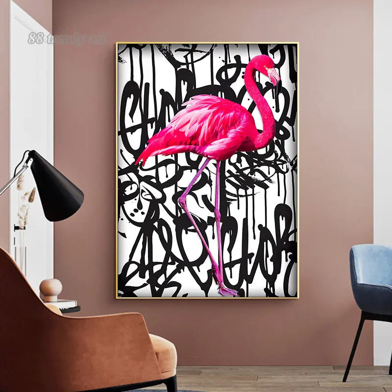 tableau abstrait flamant rose calligraphies noires deco moderne oiseau animal compagnie toile sans cadre