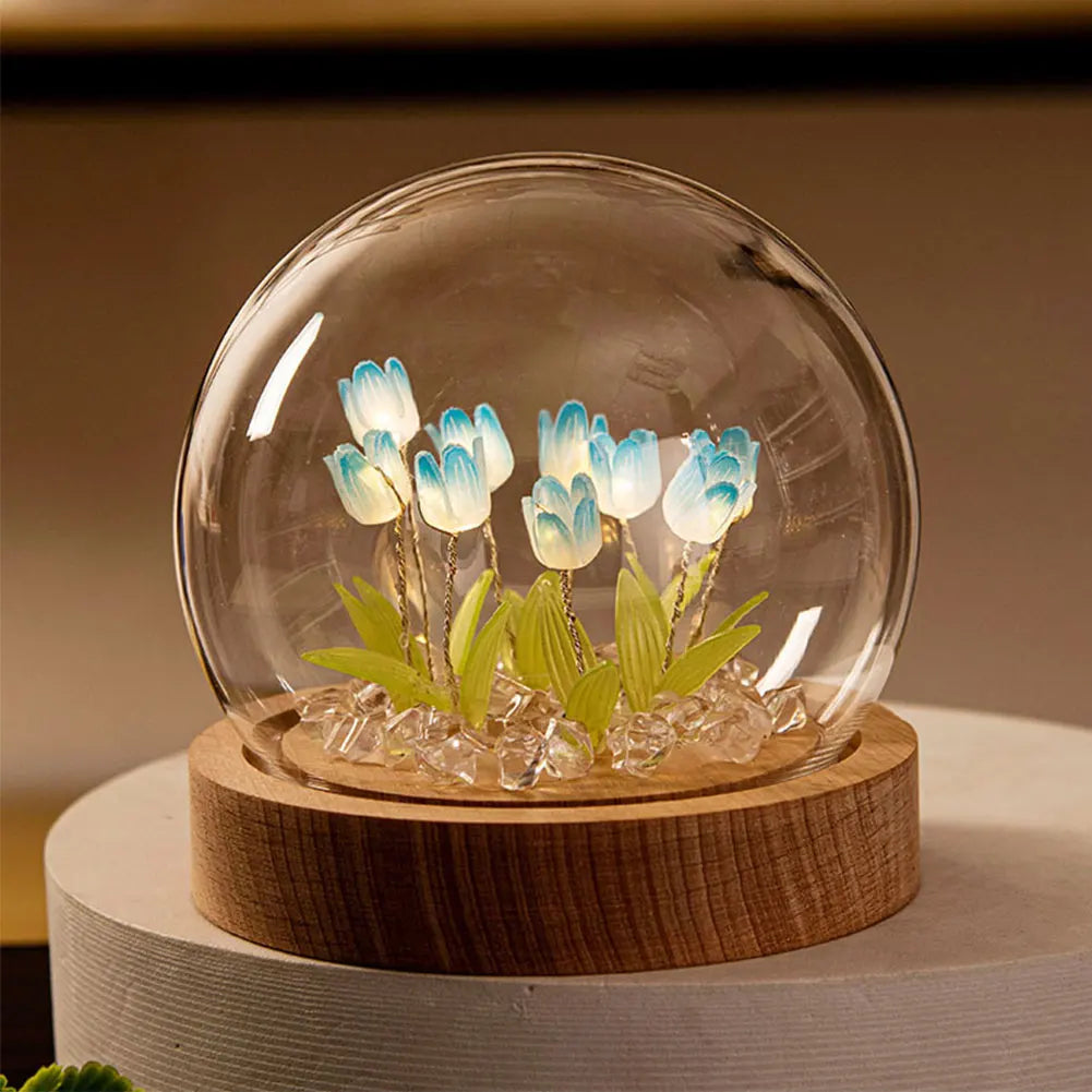 lampe décorative tulipe fleurs feuilles verre transparent base bois moderne minimaliste led ambiance chambre