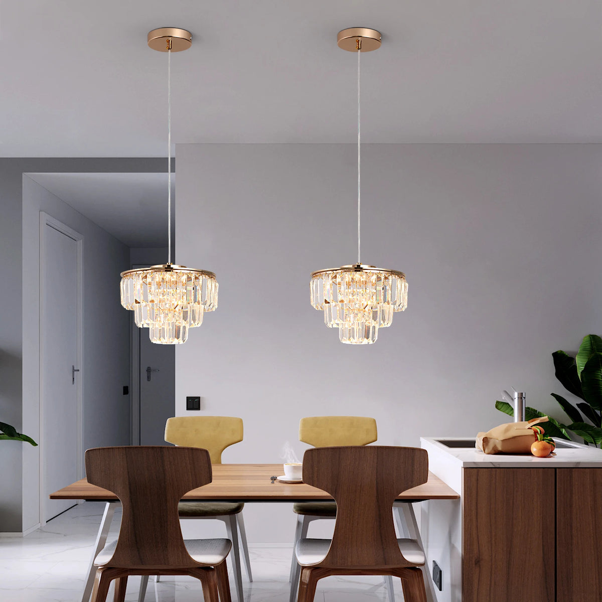 lampe suspendue cristal doré moderne élégante câbles suspendus salon chambre