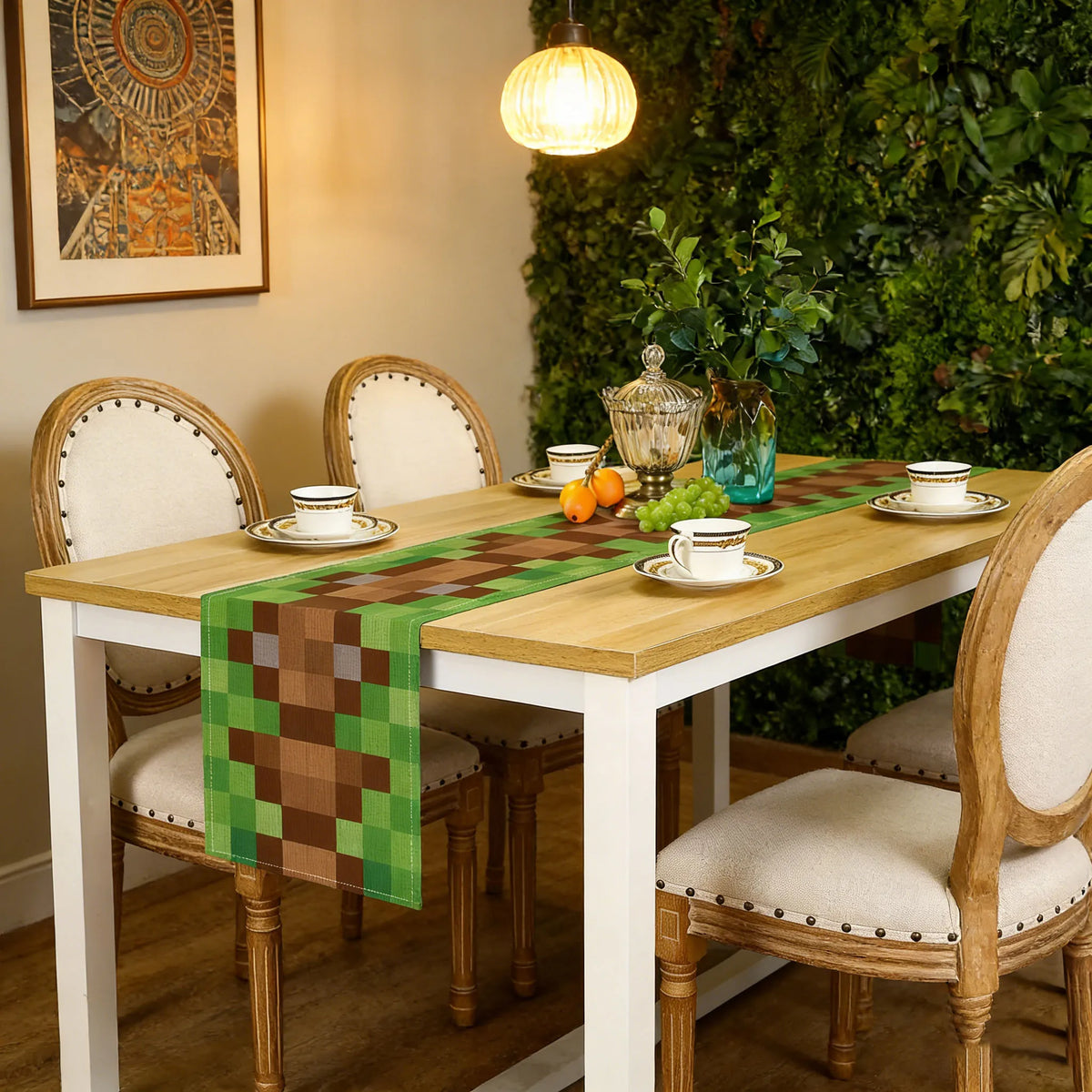 tapis table jeu vidéo pixel art moderne vert marron gris blocs décoration