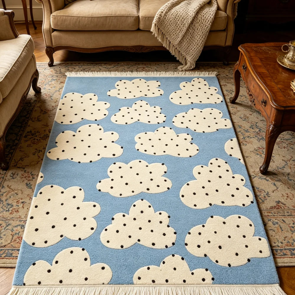 tapis moderne nuages blancs tissu doux bleu clair noir salon chambre bain extérieur