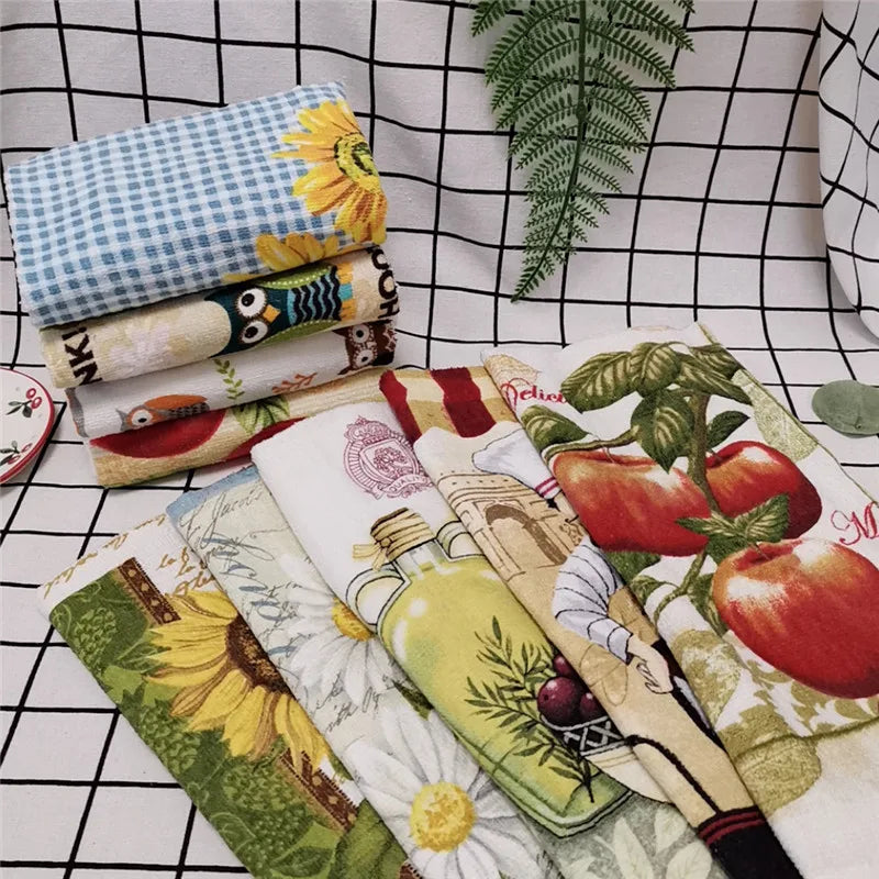 serviettes cuisine coton fleuries vintage bleu clair jaune vert blanc absorbantes tournesols marguerites bouteilles