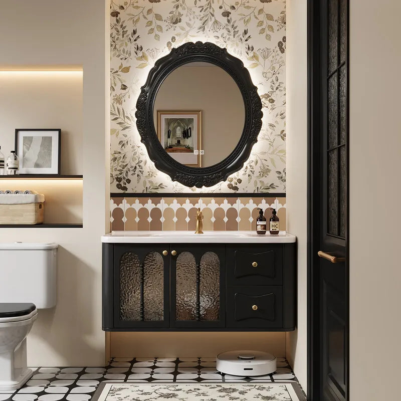 meuble salle bain armoire miroir noir étagères tiroirs bois texture cuir vintage classique fixé