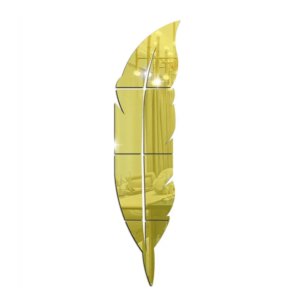 miroir mural adhésif plume stylisée décoration salon moderne acrylique argenté doré grand