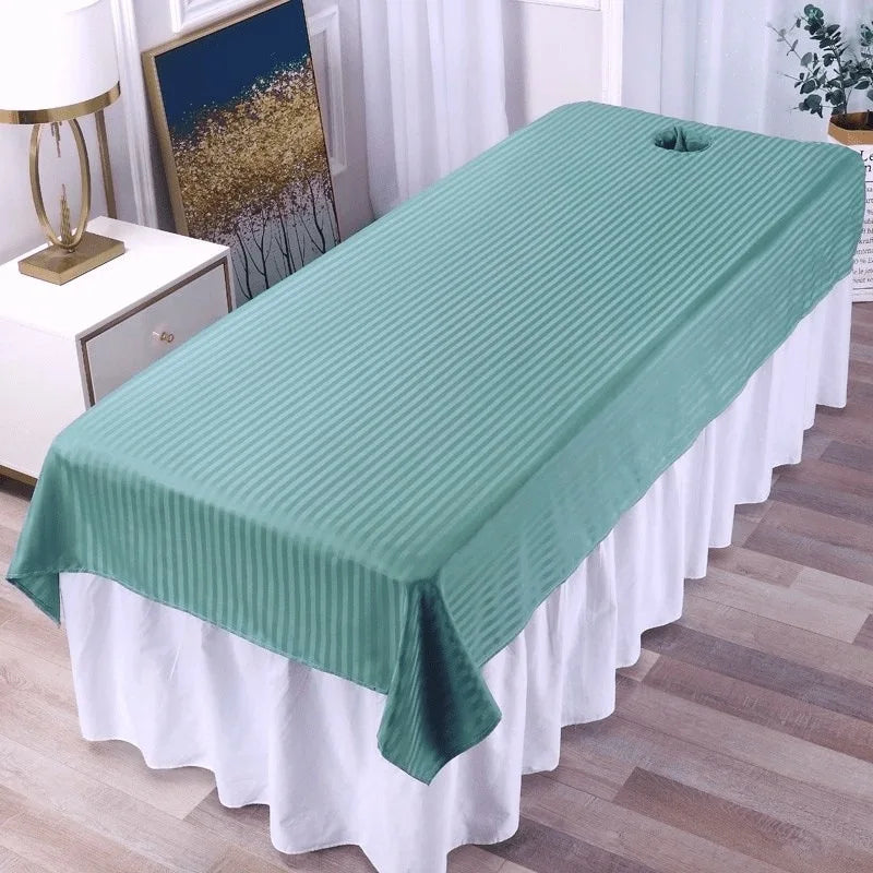 drap lit salon beauté blanc vert gris rose rayures horizontales coton confortable moderne lit