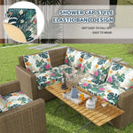 coussin canapé extérieur feuilles tropicales blanc vert orange rose moderne