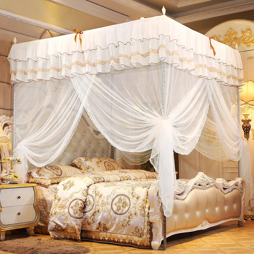 rideau lit blanc dentelle broderie dorée classique romantique transparent facile installer lavable machine