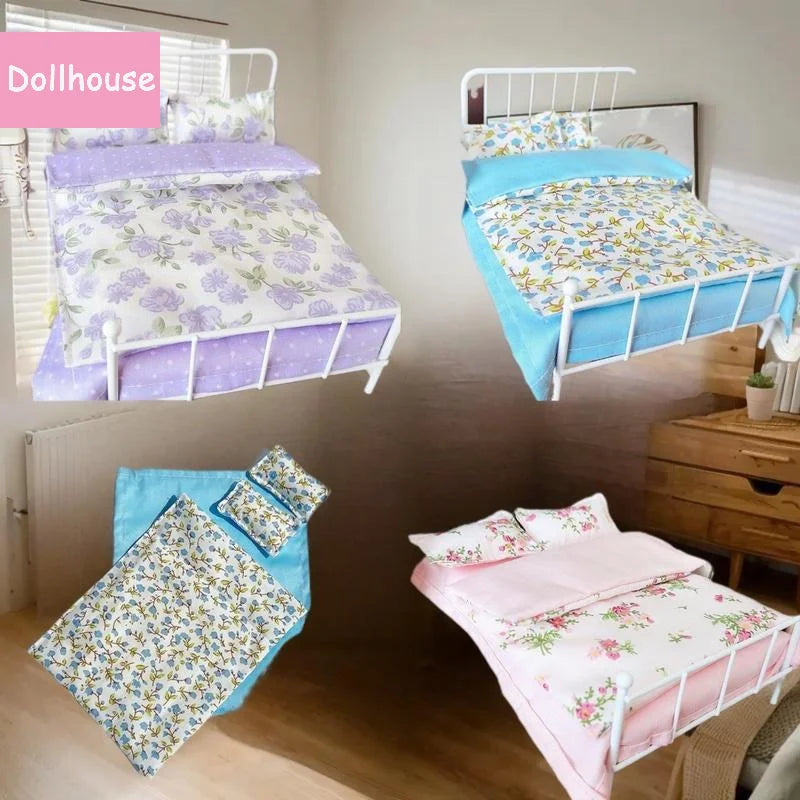ensemble literie maison poupée lit tête lit métal couverture drap taies oreillers motifs floraux
