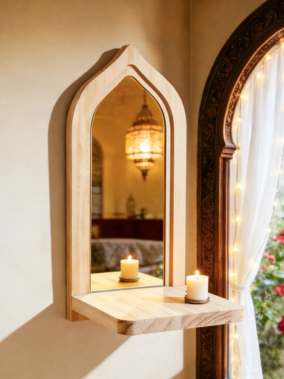 miroir mural bois étagère intégrée moderne minimaliste plantes bougies accessoires décoration chambre salon