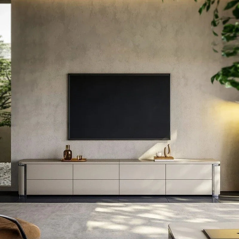 meuble tv moderne bois tiroirs beige clair salon plateau support