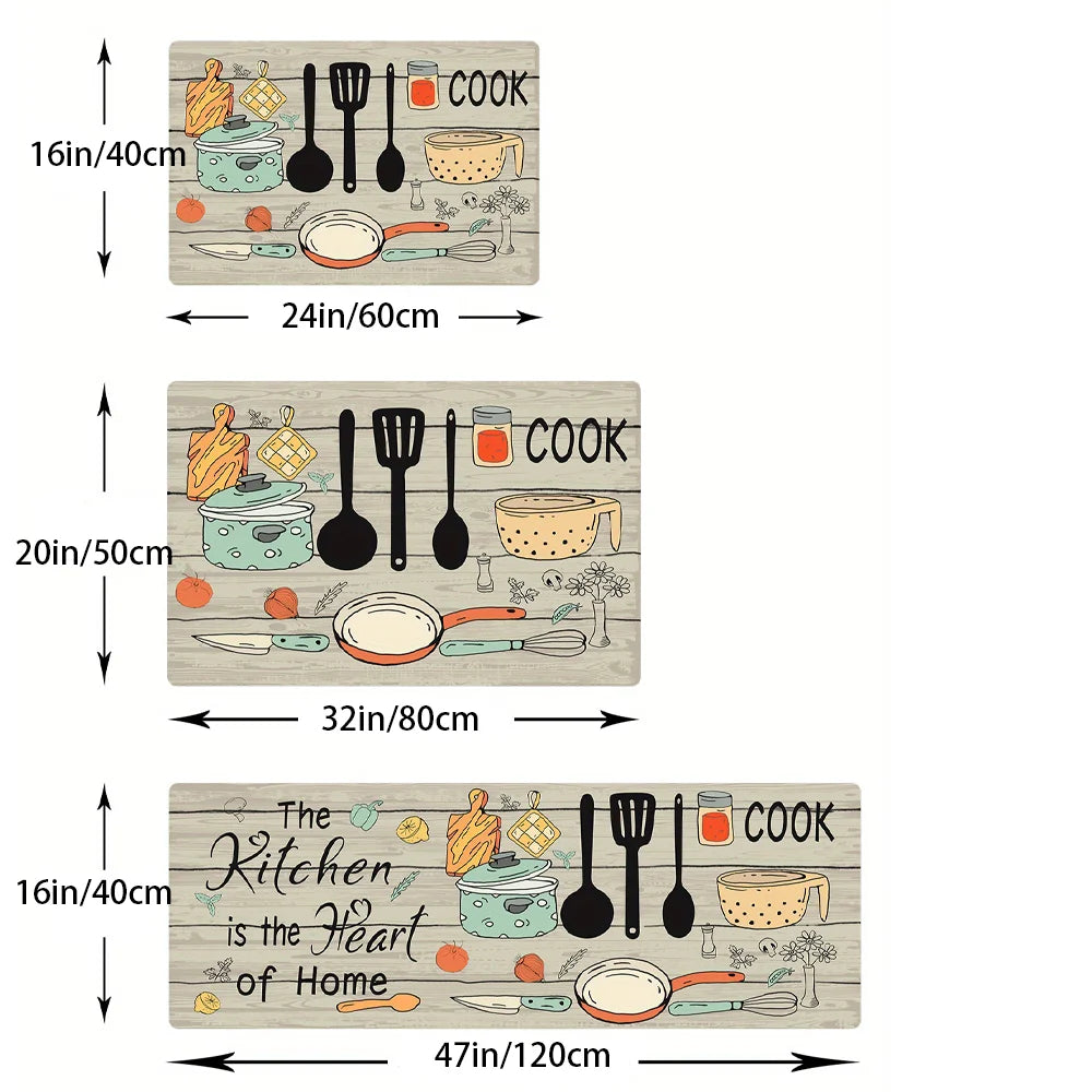 tapis cuisine motif bois ustensiles moderne beige noir bleu orange vert décoration maison
