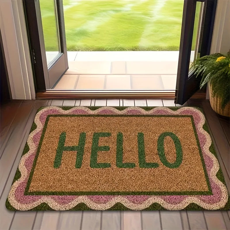 tapis d'entrée marron clair vert rose pâle lettre HELLO bordure classique imperméable antidérapant machine