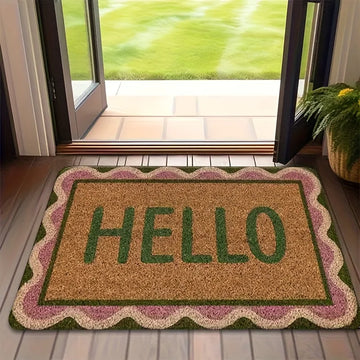 tapis d'entrée marron clair vert rose pâle lettre HELLO bordure classique imperméable antidérapant machine