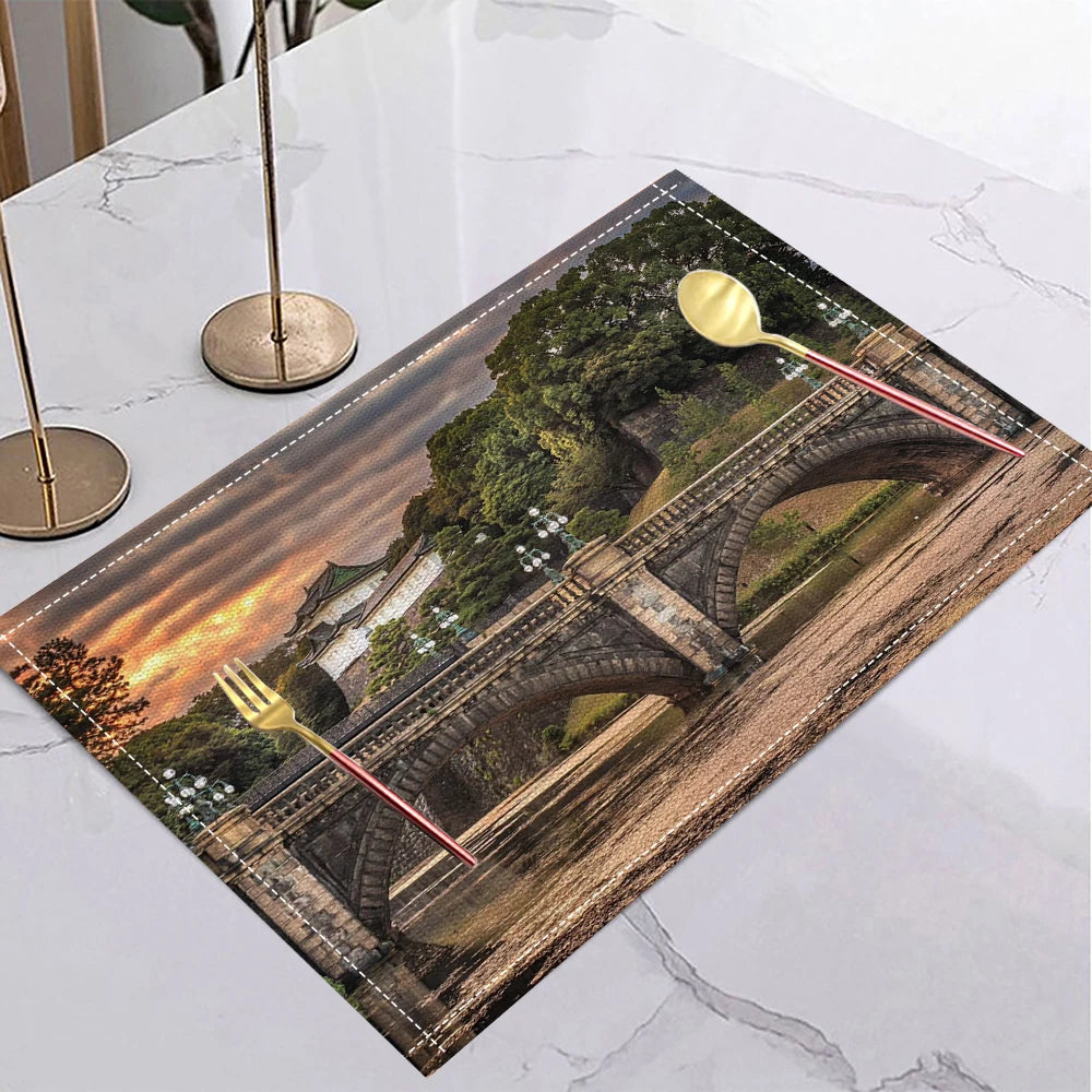 tapis table lin moderne motifs artistiques beige bleu orange noir jaune respectueux environnement 30x40cm