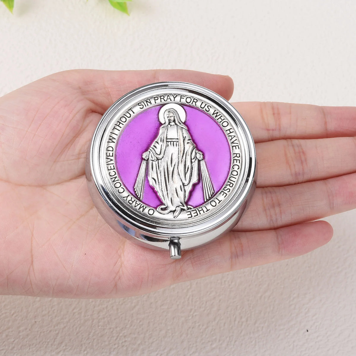 miroir compact or argent bleu violet rose image religieuse classique