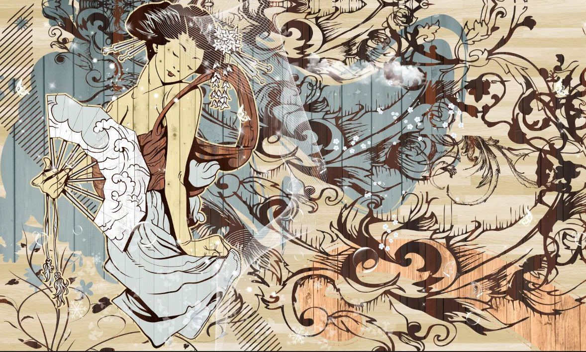 papier peint illustration femme japonaise motifs floraux art deco beige marron résistant humidité son