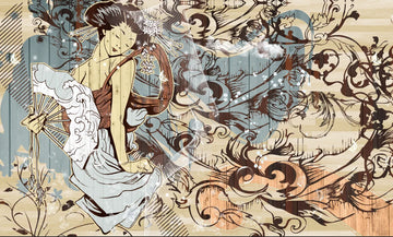 papier peint illustration femme japonaise motifs floraux art deco beige marron résistant humidité son
