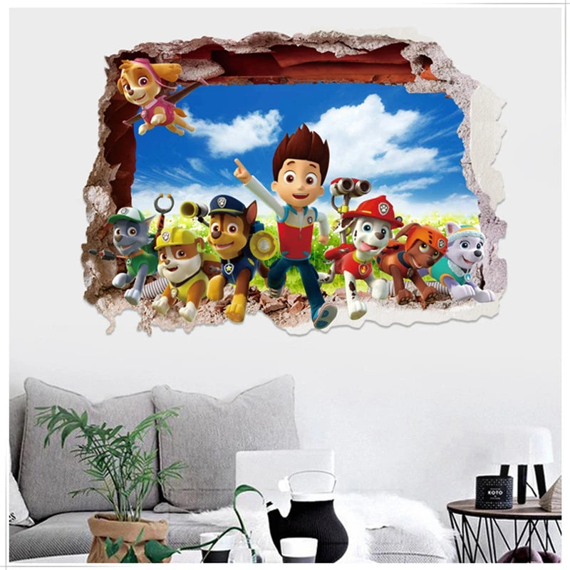 sticker mural 3d pat'patrouille multicolore enfants chambre salon décoration effets 3d adhésif chambre fête