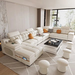 canapé d'angle blanc moderne coussins décoratifs adhésif salon bois minimaliste