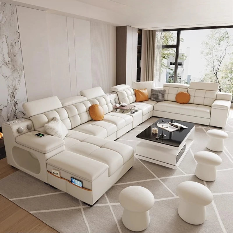 canapé d'angle blanc moderne coussins décoratifs adhésif salon bois minimaliste