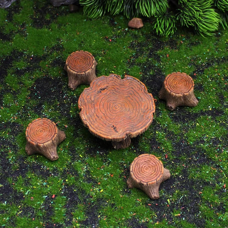 meubles miniature ensemble table chaises résine imitation bois rustique fée herbe artificielle décorationextérieur