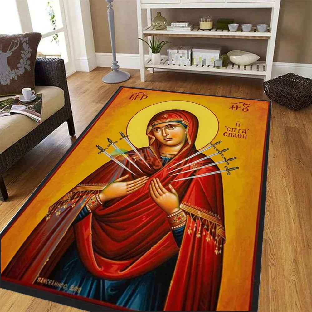 grand tapis salon motif religieux croix couronne rouge doré décor maison traditionnel moderne